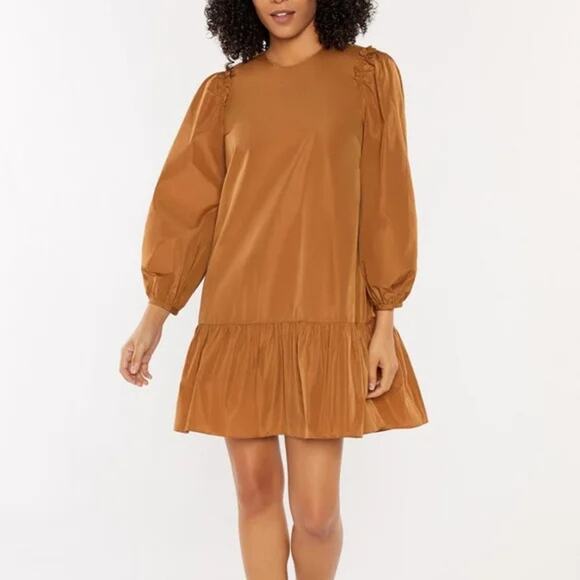 cinq a sept Dresses & Skirts - CINQ A SEPT Jackie Ruffle Trim Mini Dress Brown Tan Size Small Puff Sleeve